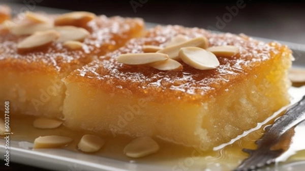 Fototapeta Basbousa: A Middle Eastern dessert made with semolina flour, yogurt, and honey syrup, often flavored with rosewater or orange blossom water. Generative AI Art Illustration