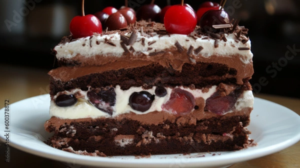 Fototapeta Black Forest cake: A German dessert made with layers of chocolate cake, whipped cream, and cherries. Generative AI Art Illustration