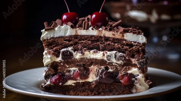 Fototapeta Black Forest cake: A German dessert made with layers of chocolate cake, whipped cream, and cherries. Generative AI Art Illustration