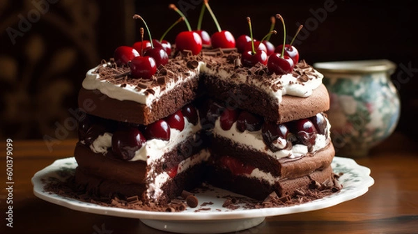 Fototapeta Black Forest cake: A German dessert made with layers of chocolate cake, whipped cream, and cherries. Generative AI Art Illustration