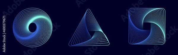 Fototapeta Set of abstract swirling symbols. Technology glowing colored sphere, triangle and square. Twisted wireframe tunnel. Curved blue shape.