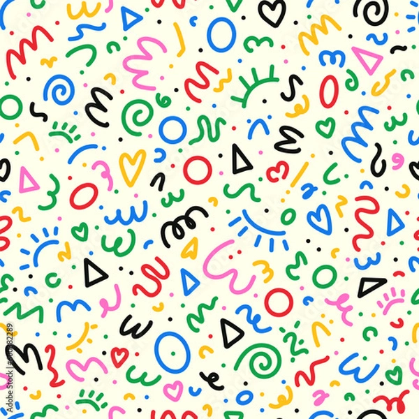 Fototapeta Colorful 90s seamless pattern. Squiggle kid background, doodle minimalistic wallpaper with basic forms and lines. Vector scribble backdrop