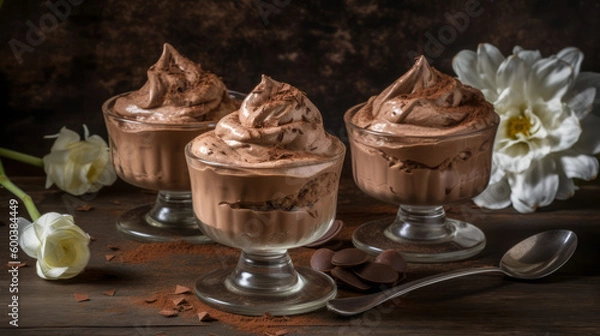 Fototapeta Chocolate mousse: A rich and airy dessert made with chocolate, eggs, sugar, and whipped cream. Generative AI Art Illustration