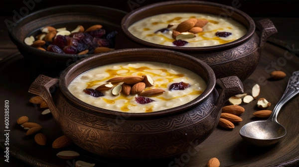 Fototapeta Kheer: A creamy Indian rice pudding flavored with cardamom, saffron, and nuts. Generative AI Art Illustration