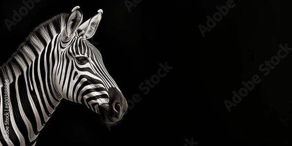Obraz Black and white photorealistic studio portrait of a Zebra on black background. Generative AI illustration