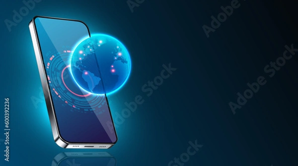 Obraz Mobile global communications. World wide web on phone via wireless satellite network technology. Smartphone digital connection at clouds services of all earth. Holographic abstract interface.