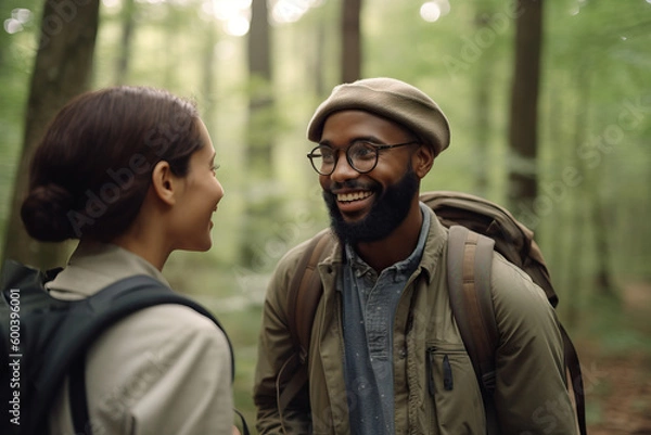Fototapeta Mixed race couple of hikers walking by forest,. Generative ai