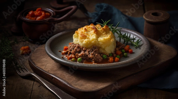 Fototapeta Shepherd's Pie - British dish of beef or lamb topped with mashed potatoes. Generative AI Art Illustration