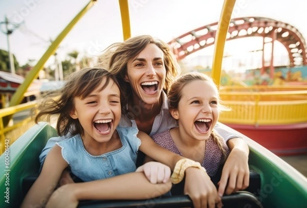 Fototapeta Mother and two children riding a rollercoaster at an amusement park or state fair, experiencing excitement, joy, laughter, and summer fun, generative ai