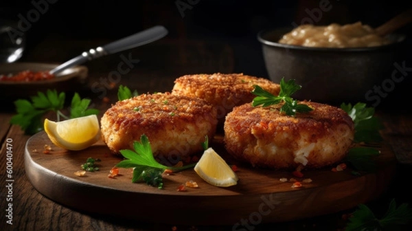 Fototapeta Crab Cakes - American fried patties made with crab meat and breadcrumbs. Generative AI Art Illustration