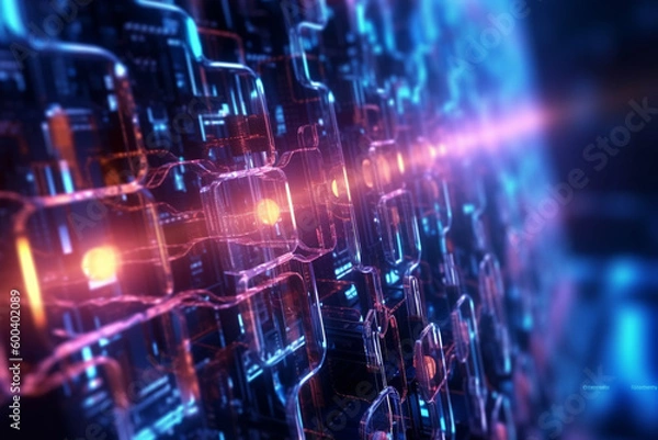 Fototapeta Futuristic tech background with glowing bioluminescent elements, circuitry, and microchips. Ai generated