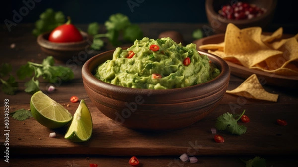 Fototapeta Guacamole - Mexican dip made with avocado, lime, and cilantro. Generative AI Art Illustration