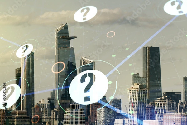 Fototapeta Double exposure of abstract virtual question mark hologram on New York city skyscrapers background. Sociology and psychology concept