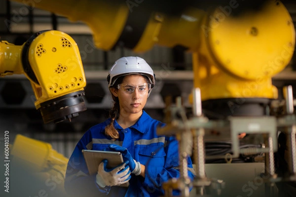 Obraz Caucasian female engineer, technician wearing safety uniform working use tablet Online information to monitor machine operation, check  maintenance plan to make a machine work efficiently and safely.