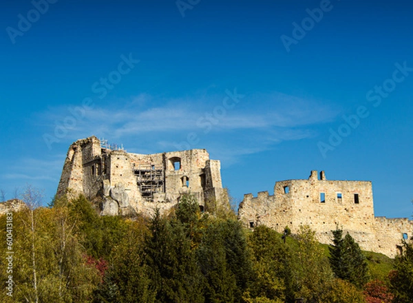 Fototapeta an old castle under renovation located on a hill surrounded by trees
