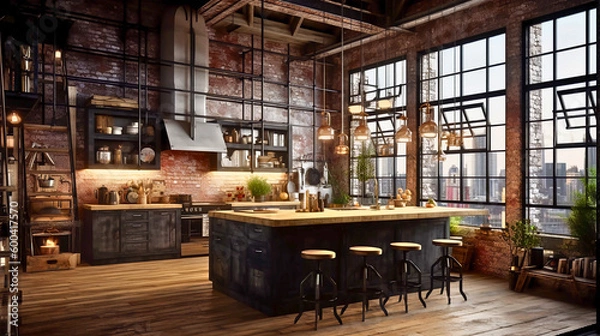 Fototapeta An oversized industrial kitchen island with rough wood textures, exposed brick, metal details, and edgy lighting in Brooklyn's loft architecture, Created with generative Ai Technology.
