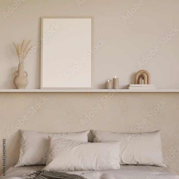 Fototapeta Cozy bedroom design with empty poster frame , mock up , bed , shelf and decor , 3d rendering