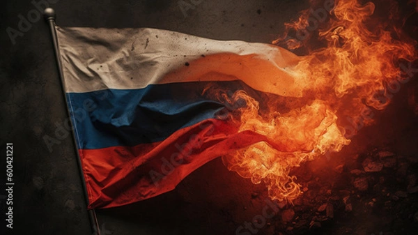 Fototapeta Russian Flag on Fire Flames - Symbol of War Conflict and Political Crisis in Russia, Blaze abstract background. Generative AI