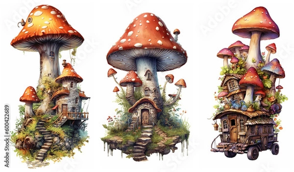 Obraz Watercolour fantasy Boletus Toadstool mushroom house. Greeting cards and envelopes artwork project set 9.