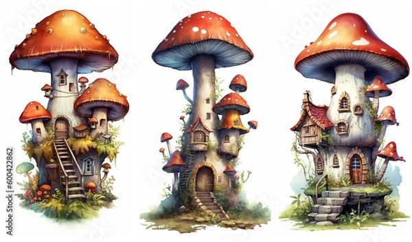 Obraz Watercolour fantasy Boletus Toadstool mushroom house. Greeting cards and envelopes artwork project set 3.
