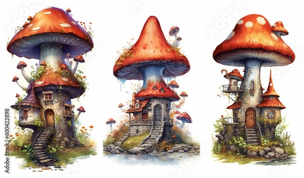 Obraz Watercolour fantasy Boletus Toadstool mushroom house. Greeting cards and envelopes artwork project set 1.