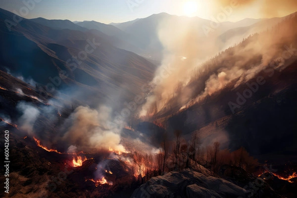 Obraz Dry, Mountainous Area With Smoke And Flames. Generative AI