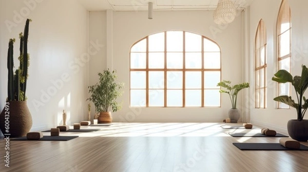 Fototapeta A modern yoga studio with soft natural light and minimal decor. Generative AI
