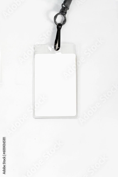 Fototapeta Blank name bagde lace mockup, 3d rendering. Plain empty namebadge mock up with cotton band. White cord ribbon and transparent plastic paper holder. Badge clipping path, 3D rendering. 