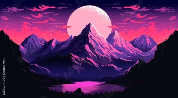 Fototapeta Flat art mountain landscape. Vibrant color background