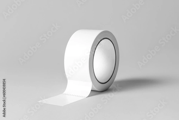 Fototapeta Roll of white sticky tape on the floor. Mock up. 3D illustration, 3D rendering.