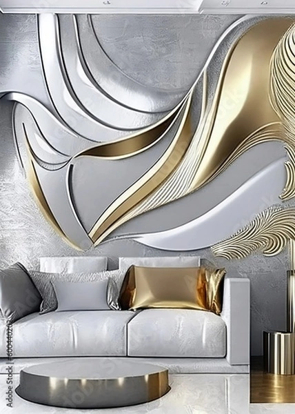 Fototapeta Elegant silver and gold 3D wallpaper. Created with Generative AI technology.