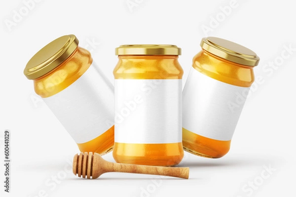 Fototapeta Glass jar of honey with blank label over white background. Mock up. 3D illustration, 3D rendering.