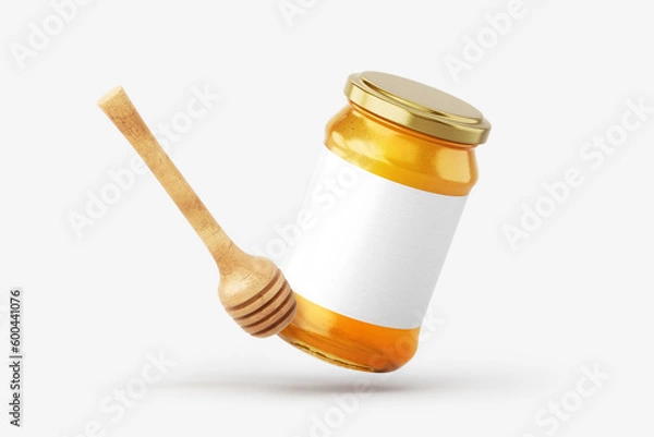 Fototapeta Glass jar of honey with blank label over white background. Mock up. 3D illustration, 3D rendering.