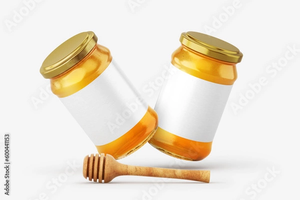 Fototapeta Glass jar of honey with blank label over white background. Mock up. 3D illustration, 3D rendering.