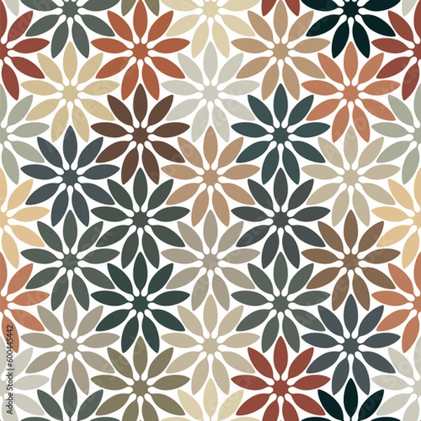 Fototapeta Abstract geometric floral pattern. Multicolored stylized flowers in orange, brown, and green on a white background. Graphic textile texture. Decorative vector illustration. 