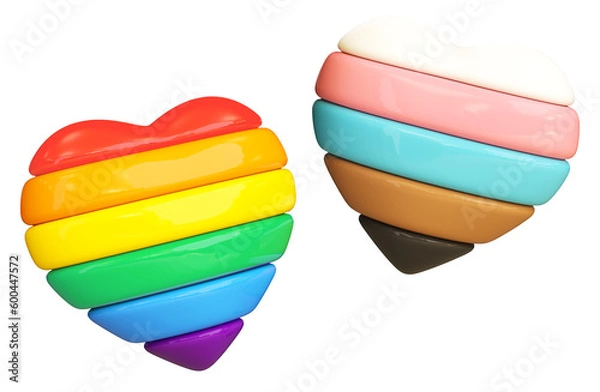 Fototapeta Isolated striped hearts on a transparent background for LGBTQIA+ Pride month celebration. LGBT heart + Trans/Racial heart. Cut out object in 3D illustration