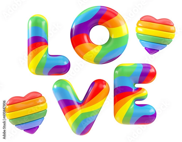 Fototapeta Isolated rainbow LOVE letters and hearts on a transparent background for LGBTQIA+ Pride celebration. Cut out object in 3D illustration