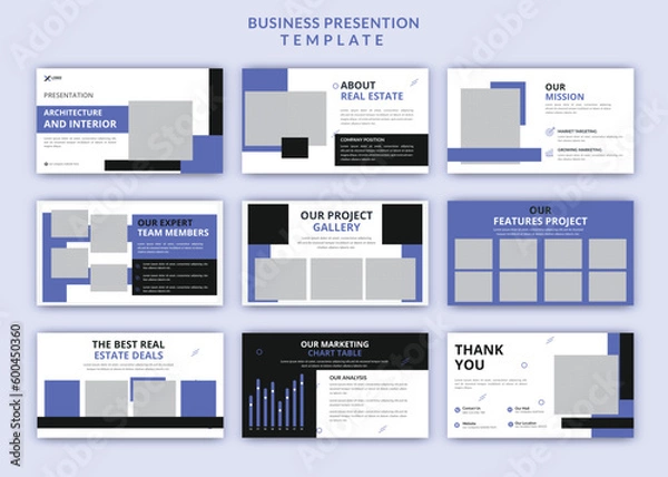 Fototapeta Real estate modern business plan powerpoint presentation editable slides design set template