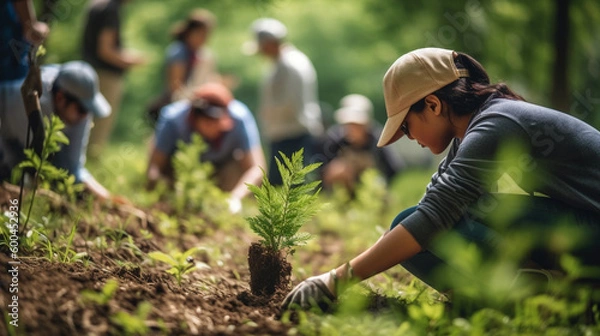 Fototapeta Generative ai woman planting the young tree while working in the garden