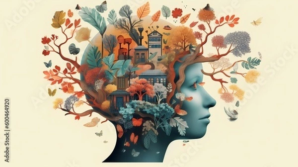 Fototapeta Mental health and well-being concept illustration, featuring a stylized head surrounded by plants and flowers, symbolizing growth and nurture. Generative AI