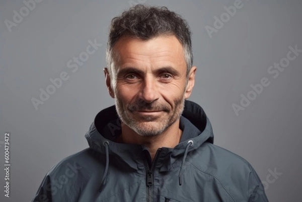 Fototapeta Portrait of a handsome mature man in a jacket on a gray background