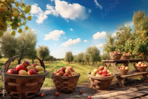 Fototapeta Fruitful Harvest. Behold the abundance of lush apple trees with fruit arranged over a table, against a picturesque backdrop of blue sky and white clouds. Product promotion AI Generative