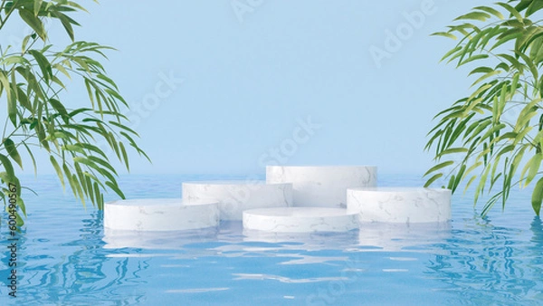 Fototapeta Five empty cylindrical white marble podiums on the water with green bamboo leaves. Mockup for cosmetic products presentation
