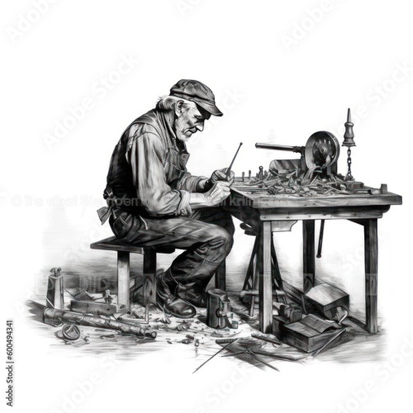 Obraz Man doing woodwork - Charcoal drawing - Generative AI