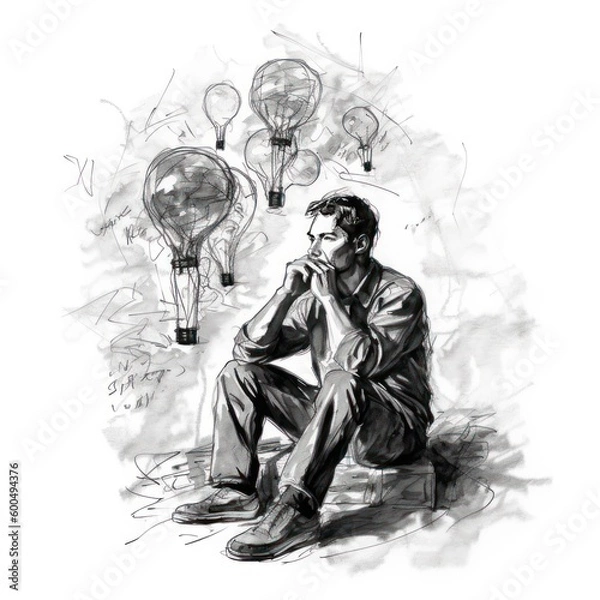 Obraz Man overthinking - Charcoal drawing - Generative AI