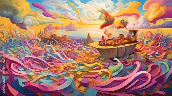 Fototapeta Surreal, Colorful and Dynamic Composition with Fun and Entertaining Elements in a Happy Fantasy Landscape View. Abstract Artwork Generative AI
