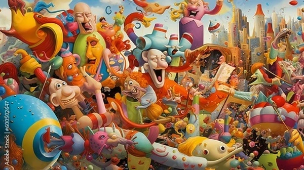 Fototapeta Surreal, Colorful and Dynamic Composition with Fun and Entertaining Elements in a Happy Fantasy Landscape View. Abstract Artwork Generative AI
