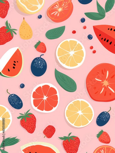 Fototapeta Seamless pattern with fruits from summer. Generative AI