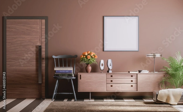 Fototapeta Poster frame mockup interior scene. A single square poster frame on the wall. wide shot interior room with furniture and single exterior door. 3d rendering.