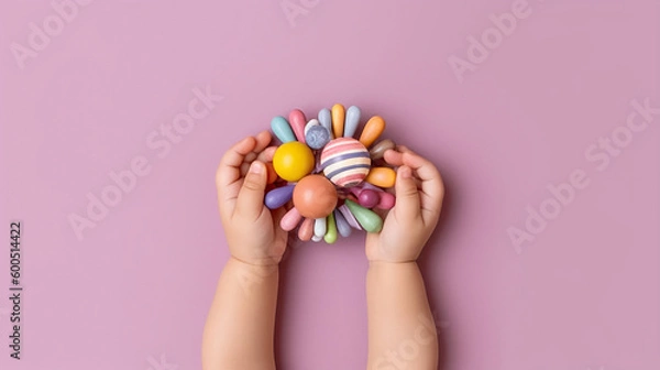 Fototapeta Baby girl hands playing with colorful rattle. Generative Ai